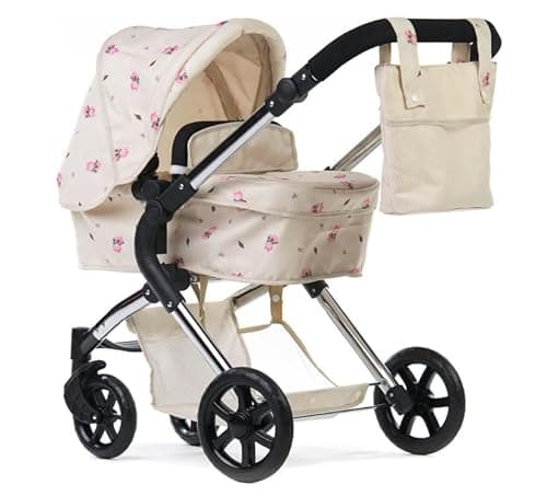 Image of Roma Darcie Dolls Pram -Cream 2in1 with Carrycot and Doll Pushchair Seat Unit, Adjustable Handle Height, Includes Changing Bag, Shopping Basket, Foldable, Pretty Flower Design, Suitable from 3-9 Years