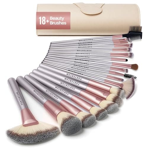 Image of PORTENTUM Makeup Brushes Sets Professional 18 Pcs Make up Brushes Premium Synthetic Foundation Brushes Blending Face Powder Blush Eyeshadow Eyeliner Make Up Brush Kit with PU Leather Bag