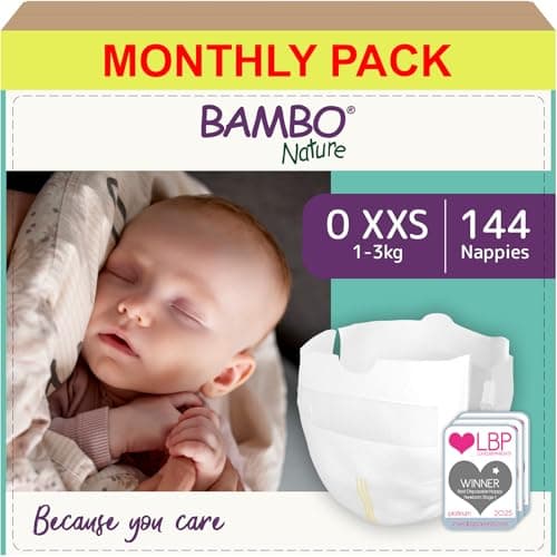 Image of Bambo Nature Premium Eco Nappies, Premature Size 0 (1-3kg) XXS, Pack of 144, Eco-Labelled Sustainable Nappy, Enhanced Leakage Protection, Secure and Comfortable Baby Nappies