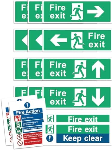 Image of Rubigo Safety Pack of 14, Fire Exit Sign (RIGHT, LEFT, UP, DOWN ARROW) Fire Exit Keep Clear Sign, Fire Signs 30 X 10cm Self Adhesive Vinyl Sticker Emergency Exit Signage, green