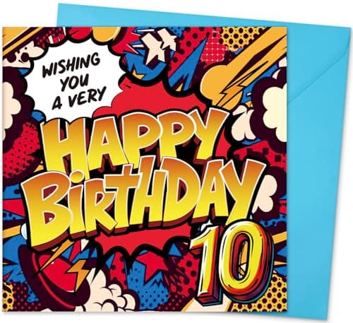 Image of Hierein 10th Birthday Card, Comic Pop Art 10th Birthday Cards for Boy, Happy Birthday Card for 10 Year Old Son Grandson Brother Nephew, 150x150mm Gift Greeting Cards