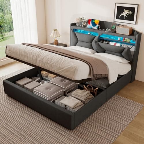 Image of ZUUYEE Double Bed Frame 4ft6 with LED, USB C, Ottoman Bed Double with Lift Up Storage and Headboard, Beds, Frames and Bases with Slats and Metal Bedframe, Linen, Grey, 135x190 cm, Without Mattress