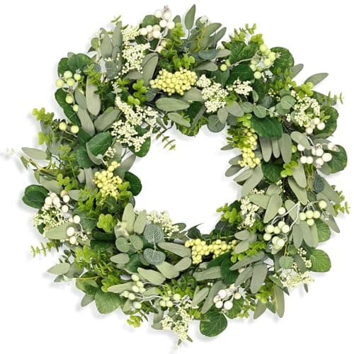 Image of COLORSPEC Eucalyptus Wreath for Front Door, 61 cm/24 inch Spring Summer All Year Wreath, Boxwood Eucalyptus Door Wreath Decoration for Outdoor Indoor Farmhouse Wedding Home Wall Fireplace