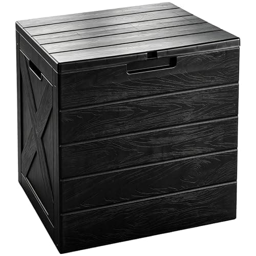 Image of Yaangagpe Large 118L Storage Box with Lid, Lockable Heavy Duty Plastic Weatherproof UV Resistant Garden Storage with Wood Grain Effect, Waterproof Indoor Outdoor Container