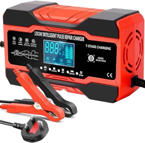 Image of 12V/24V 10Amp Car Battery Charger, Automatic Battery Charger with Temperature Compensation, Repair/Maintains for Cars SLA, AGM, WET & GEL Lead Acid Batteries