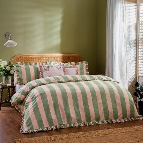 Image of Wylder Birdie Stripe Duvet Cover Set – Reversible Cotton Rich Frilled Cottagecore Stripe Design with Ruffle Trim (Pink/Green - Single)
