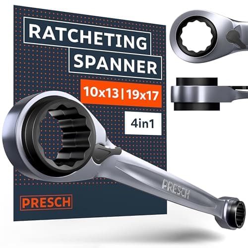 Image of PRESCH Double Ratchet Spanner 4-in-1 (10mm/13mm & 19mm/17mm) - Reversible Ratchet Function - Precision-machined with 90 Teeth & 4° Return Angle - 4 Sizes in one Ring Spanner