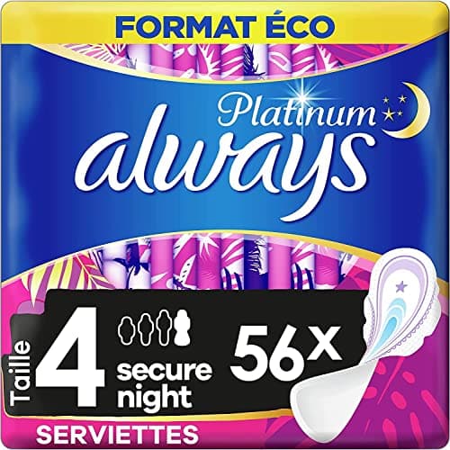 Image of Always Platinum Secure Night Sanitary Pads Size 4 with Wings Eco Format x56 (8 Packs of 7)