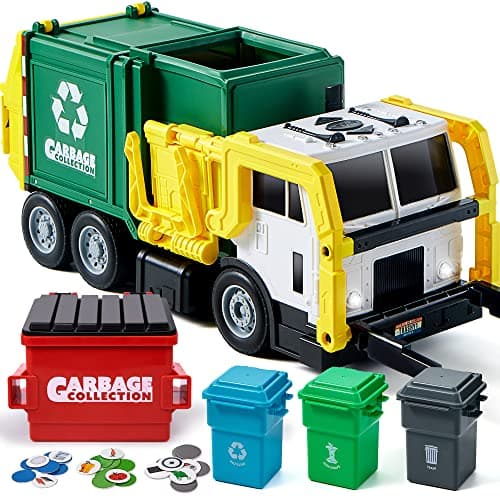 Image of JOYIN Garbage Truck Toys, Toys for 3 4 5 6 7 8+Years Old Boys, Bin Lorry Toy, Realistic Big Garbage Truck with Lights and Sounds,Front Load Dumpster,Trash Bins with Trash Cards,Birthday Gifts for Boys