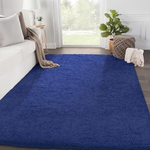 Image of SOANNY Rugs Living Room, Navy Blue Small Soft Fluffy Shaggy Solid Carpet for Bedroom Dorm Bedside Lounge Office, Non-Slip, Machine Washable, Throw Rug for Home Decor, 80x150cm