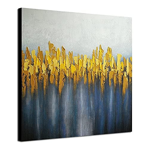 Image of Wieco Art Large Abstract Grey Yellow and Blue Oil Paintings on Canvas Wall Art for Living Room Bedroom Home Decorations Modern 100% Hand Painted Contemporary Landscape Artwork