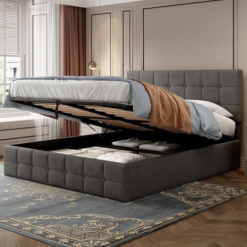 Image of Merax 4ft6 Double Upholstered Ottoman Storage Bed Frame,135x190cm Velvet,Lift Storage BED with Adjustable Button-Tufted Headboard and Wooden Slats (Without Mattress - Grey)