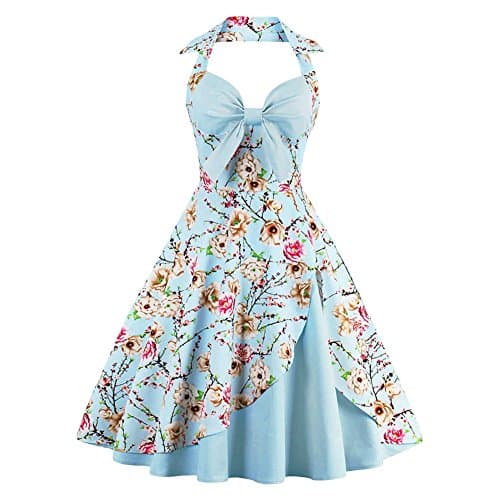 Image of Women's Vintage Dress Ladies Cotton Sexy Retro 1950s Halterneck Rockabilly Swing Floral Print Tea Hem Party Skater A Line Prom Cocktail Party Homecoming Dress Sky Blue UK 18-20 / 3XL