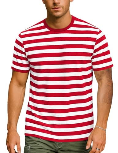 Image of Zengjo Striped T Shirts for Men Short Sleeve (Red&White WD,L)