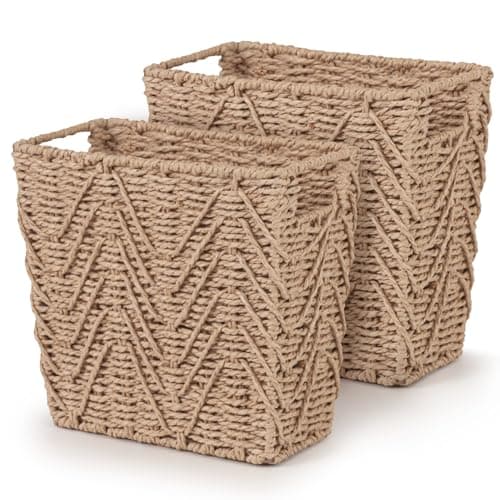 Image of Woodluv Set of 2 Handwoven Rectangular Paper Rope Bins, Decorative Wastepaper Baskets for Home, Closet, or Office Organization, Durable, Stylish & Functional Storage Solution - Khaki