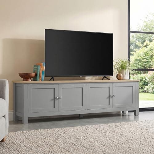 Image of Blisswood Large 180cm TV Unit for 55–80 Inch TVs, Traditional Style Painted TV Stand with Double Door Storage & Adjustable Shelves, Oak Effect Top, Wooden Entertainment Unit for Living Room, Grey