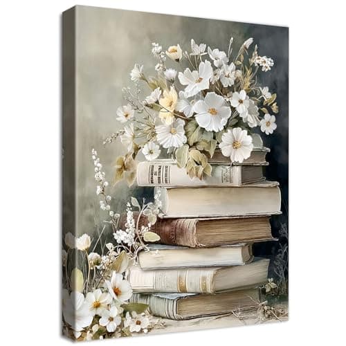 Image of Wooden Framed Canvas Wall Art Vintage White Floral Flower Books Painting on Canvas Prints Poster Dark Academia Aesthetic Pictures for Living Room Bedroom Hallway Corridor Shop Bar Decor 40x60cm