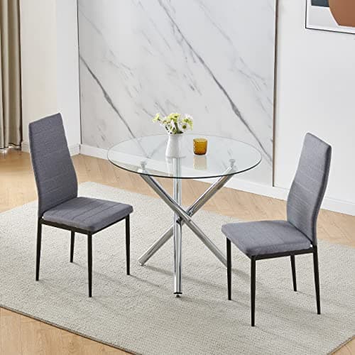 Image of Homullel Round Dining Table and 2 Chairs, 2 Seater Table and Chairs Set for 2, Compact Kitchen Dining Room Set for Space Saving, Glass Tabletop 90 cm (Linen Grey, 2 Seaters)