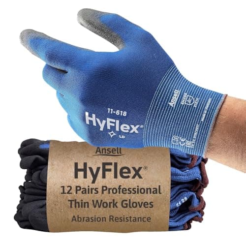 Image of Ansell HyFlex 11-618 Mechanics Gloves, Abrasion-Resistant PU Coated Safety Gloves for Precision Handling, Touchscreen Compatible, Ultra-Thin, Blue, L, 12 Pairs