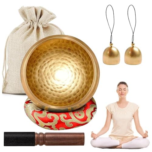 Image of Tibetan Singing Bowl Set, meditation singing bowl made of brass, 8.6 cm diameter, comes with a wooden singing bowl base, 2 brass bells and a storage bag, for yoga and meditation
