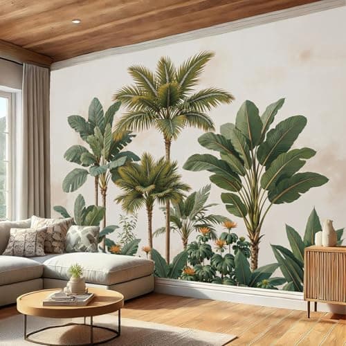 Image of WIVCOMD Palm Tree Banana Leaves Wallpaper - Retro Tropical Plants Wall Mural - Green Wall Murals for Living Room Bedroom - Photo Wallpaper Home Decor Art - 200 x 140 cm