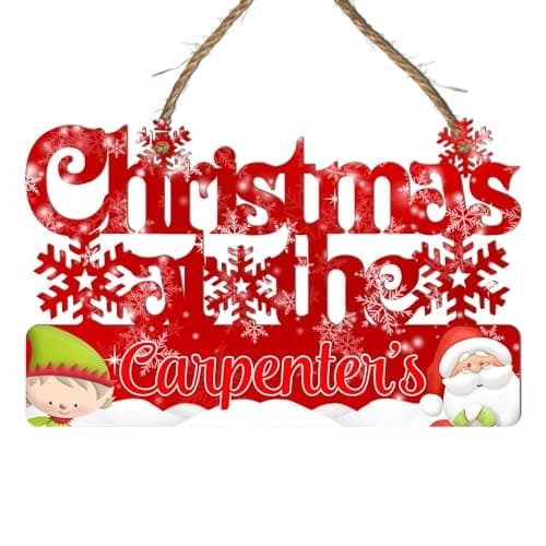 Image of Personalised Christmas At The Surname Decoration with Your Family Name or Loved One's Name - Xmas Plaque for Lasting Memories and Holiday Elegant Xmas Family Sign (Red, Christmas At The)