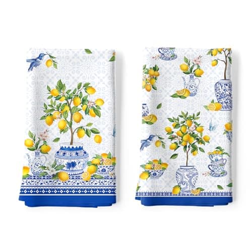 Image of Arquiel Lemon Tea Towels 100% Cotton Quick Dry Chinoiserie Summer Kitchen Towels, 48 x 70 cm Absorbent Dish Cloth for Kitchen Home Decor, Housewarming, Birthday Gifts for Women, Set of 2
