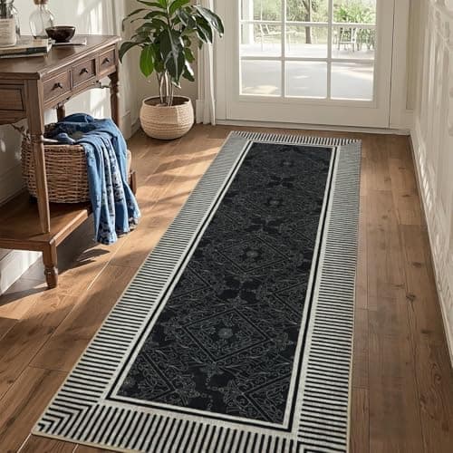 Image of Geanup Striped Runner Rug for Hallway 60×180 cm, Black Washable Non Slip Rubber Backing Carpet for Kitchen, Soft Faux Wool Low Pile Bedroom rug, Modern long Floor Mat for Entrance Bathroom Corridor