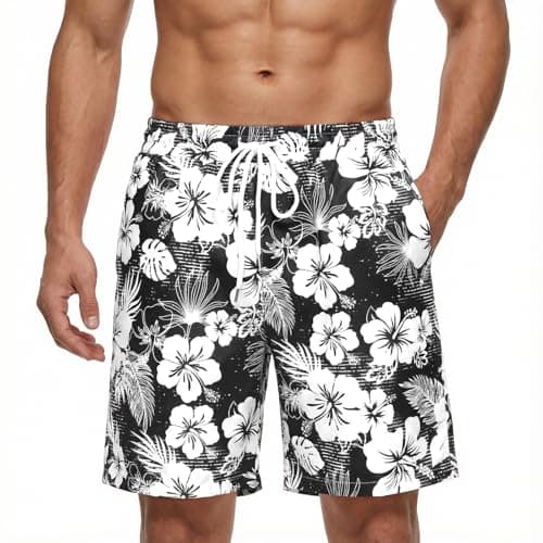 Image of Fastkoala Men's Hawaiian Shorts Tropical Beach Pants Floral Trousers Casual Summer Holiday Cotton Drawstring Pocket Black L