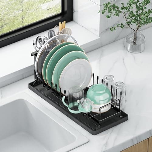 Image of Small Dish Drying Rack, Aufworld Compact Dish Rack with Silicone Drying Mat, Stainless Steel Dish Drainer with Utensil Holder, Space Saving Drain Rack for Kitchen Counter, RVs, Apartments