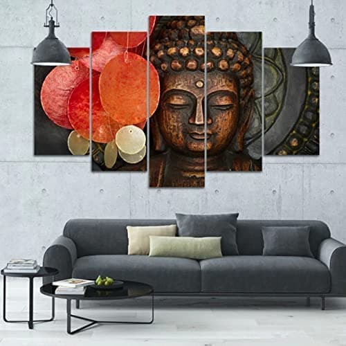 Image of 5 Panel Wall Art Buddha Statue Religion Canvas 5 Pieces Canvas Painting Wall Art 5 Piece Canvas Wall Art Print Painting Canvas 5 Pieces Photo Canvas Wall Pictures Living Room L/Without Frame 150 X