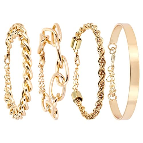 Image of Yolev Gold Chain Bracelet Sets for Women Girls Fashion Beaded Chunky Flat Cable Chain Punk Bracelets Jewelry Adjustable Layered Metal Link Bracelet Set (gold)