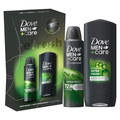 Image of Dove Men+Care Extra Fresh Duo + Sports Towel Body Wash & Antiperspirant Deodorant Gift Set for all-day comfort, protection & fragrance 2 piece