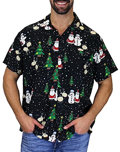 Image of King Kameha Men's Ugly-Christmas-Shirt Funky Short-Sleeve Button-Up Christmas Print Casual, Christmas-Buddies, Black, 3XL