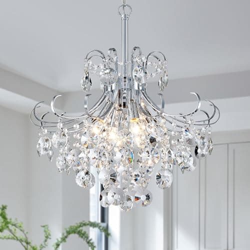 Image of Majhoiw Modern Crystal Chandelier 4-Light Height Adjustable Pendant Ceiling Lamp for Dining Room Living Room Hallway Bedroom Foyer Kitchen, Chrome Hanging Light Fixture
