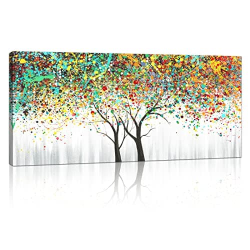 Image of FajerminArt Large Framed Canvas Wall Art Abstract Colorful Tree Blossom Pictures Painting on Canvas Prints for Living Room Bedroom Bathroom Kitchen Hallway Ready To Hang 20" x 48"/ 120cm x 50cm