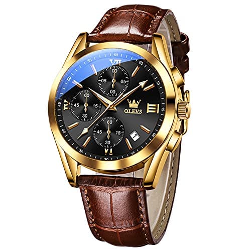 Image of OLEVS Watch for Men Chronograph Brown Leather Strap Classic Fashion Analog Quartz Big Dial Casual Waterproof Luminous Wrist Watches
