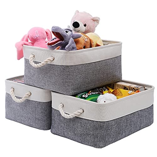 Image of PWVMWM Small Fabric Storage Basket Set of 3, Waterproof Foldable Storage Baskets, Canvas Storage Boxes for Wardrobe, Bedroom, Office Products (Grey and White, 12.2x8.2x6.2inch)