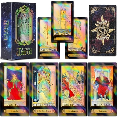 Image of Smoostart 78 Tarot Cards with Guidebook, Holographic Tarot Cards Deck Future Telling Game with Colorful Box for Beginners and Professional Player