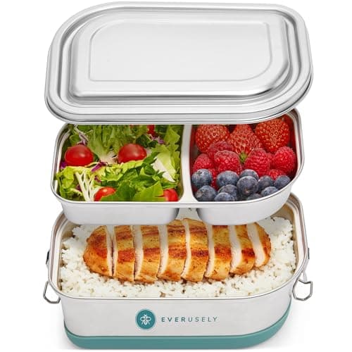 Image of Everusely Stainless Steel Bento Box - Tiered Lunch Box - 2 Compartments Metal Container with Leakproof Lid - Removable Compartmented Layer to 1 Large Portion Section - Work Friendly Lunchbox