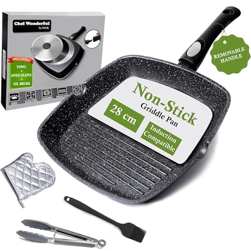 Image of Chef Wonderful Non-Stick (28cm) Griddle Pan for Induction Hob, Marble Coating & Detachable Handle. Aluminium Steak Pan for All Induction Hobs with Glove & Brush. Suitable for Gas & Oven Grilling