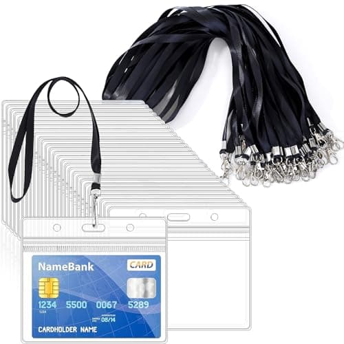 Image of 15pcs Black Lanyards for Neck with 15pcs Card Holder, Clear Plastic ID Card Holder and Lanyard, Horizontal Sealable Waterproof Name Badge Holders with Lanyard for ID Cards, Office, School, Bus Passes