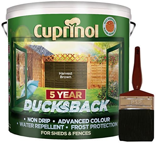 Image of New 2018 Cuprinol Ducksback Shed & Fence Paint 9 Litre Harvest Brown. Non Drip, Water Repellent and Frost Defence. Protection for 5 Years. Includes PSP 4” Fence Application woodcare Brush.