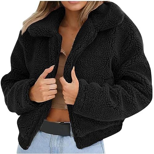 Image of Women's Faux Fur Sherpa Jacket Zip Up Fuzzy Fluffy Coat Cropped Jacket Winter Lapel Fleece Outwear Pockets Dressy Fall Outfits Short Coats Y2K Teddy Shaggy Overcoat Ladies Sexy Plush Soft Outwear