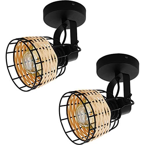Image of 2 Pack Wall/Ceiling Light - Black & Wicker Adjustable Spotlight - 1x 40W E27 - Decorative Interior Bulkhead Corridor Mounted Slim Profile