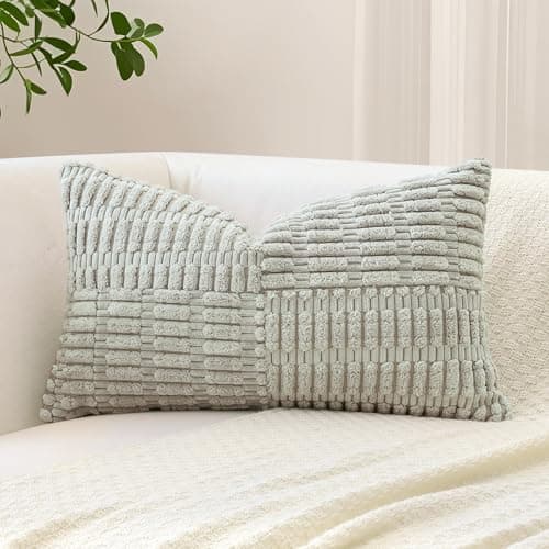 Image of Sungeek Set of 1 Decorative Cushion Cover 40 x 60cm Soft Corduroy Striped Cross Patchwork Textured Pillow Case Boho Farmhouse Lumbar Throw Pillow Cover for Sofa Bed Patio 16x24 Inch, Light Grey