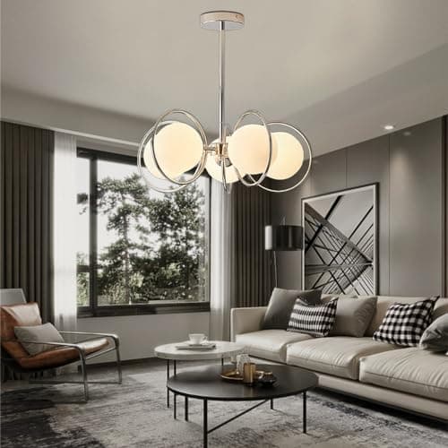 Image of RuiRfh Sputnik E27 chandelier chrome dining room metal creative Pendant lighting modern bubble glass ball 5 light Hanging Lamp living room bedroom Kitchen Island Mid Century Ceiling Light (Size : 5 h