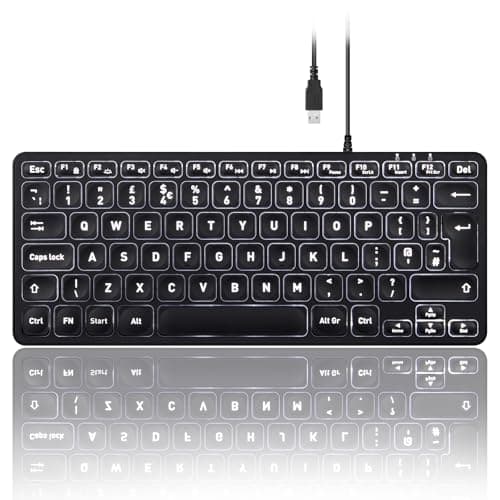 Image of perixx PERIBOARD-332 Backlit Keyboard, Mini Wired USB with Large Font Keys, Adjustable Brightness, Slim Profile, White LED, UK QWERTY
