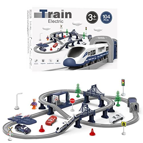 Image of XIAPIA Electric Train Sets Railway Learning Educational Toys for Kids Boys Girls Age 3 Years Up, 104 Pcs Track Accessories Car Set Christmas Xmas New Year Gifts