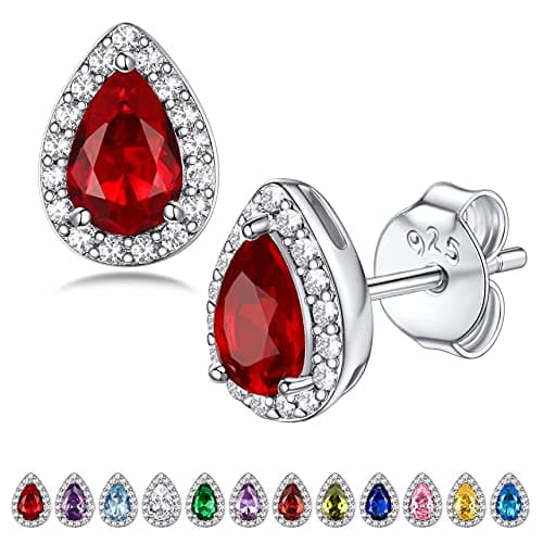 Image of Bestyle Women's Earrings 925 Sterling Silver Zirconia Earrings January Birthstone Garnet Teardrop Stud Earrings with CZ Hypoallergenic Simple Studs Red Gem Ear Jewellery Gifts